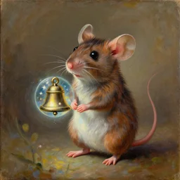 an old oil painting of a cutest mouse standing on two feet with a round bell infused with energy of the stars in its hands, professional painting, extremely detailed