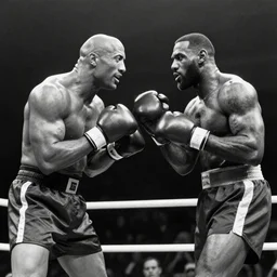 Dwayne Johnson fighting Lebron James in a boxing match, black and white, 1940s, grain, old photo