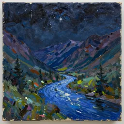 Realist colorful impasto painting of the Salmon River mountain valley at midnight by John Harris, stars in the inky black sky reflect on the darkest blue river surface, 4k scan, very beautiful, oil on canvas, visible brushstrokes