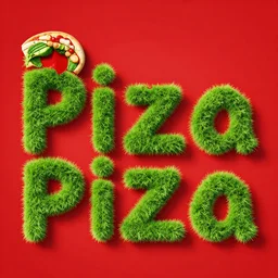text font made out of grass spells the word pizza on a red background