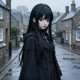 1 7 - year - old anime goth girl, black hair, long bob cut, long bangs, gothic coat, long bangs, united kingdom, rainy day, small town, midlands, english village, street scene, ultra - realistic, sharp details, cold lighting, blue and gray colors, intricate details, subsurface scattering, hd anime, 2 0 1 9 anime