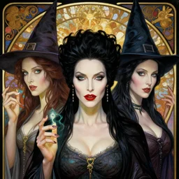 stunning hyperdetailed art nouveau portrait of the eva green anjelica huston and morticia addams as the mythological 3 witches, by chris achilleos, michael kaluta and alphonse mucha, photorealism, extremely beautiful, perfect symmetrical facial features, perfect anatomy, strong confident eyes, eldritch powers, witchcraft, magic energy