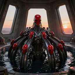 baron harkonnen designed by hr giger junji ito moebius yasushi nirasawa, hdr, octane render, emerging from a black oil bath, 2 girds with red helmets, sanitarium type room with angular windows, sunset emoting through windows, volumetric lighting, photorealistic, 8 k