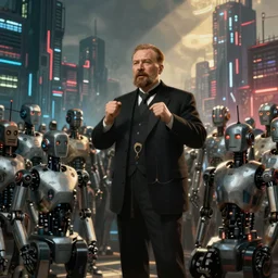 robot revolutionary!!!!!!!!!!!!!!!!!!!!!!!!!!!!!!!!!!!!!!!!!!!! speaking to a crowd of robots amid the backdrop of a cyberpunk city in the socialist realist style of lenin speaking to the red army by isaac brodsky