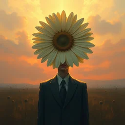 giant daisy flower as a head, frontal, girl in a suit, surreal photography, sunrise, dramatic light, impressionist painting, digital painting, artstation, simon stalenhag