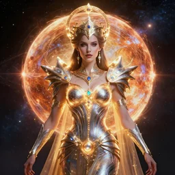 streamline moderne portrait of the powerful queen of the solar system in the style of anna dittmann and in the style of wayne barlowe. glowing, ornate and intricate, stunning, dynamic lighting, intricate and detailed.