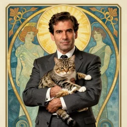 “ george costanza from seinfeld holding grumpy cat aloft, halo, art nouveau, by alphonse mucha ”