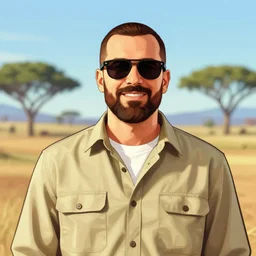 friendly afrikaans man with beard wearing sunglasses and khaki shirt, gta v style portrait illustration by earl norem, bushveld background