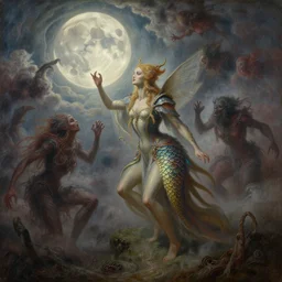 concept art of faerie, lovecraftian, renaissance, melting, round moon, rich clouds, fighting the horrors of the unknown, very detailed, volumetric light, mist, fine art, decaying, textured oil over canvas, epic fantasy art, very colorful, ornate scales