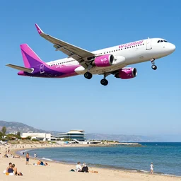 a roman fresco of a wizzair airbus a 3 2 1 neo landing at skiathos airport, low over the heads of the people on the beach