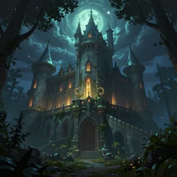 a renaissance castle in a forest with a glowing night sky from an upward angle, style arcane tv series, style league of legends, trending on artstation, digital art