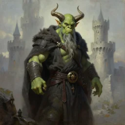 goblin wizard, oil painting, dramatic, robed warrior, green orc with horns, castle in background, stone brick background, ultra realistic, artstation award, fantasy, concept art, powerful pose