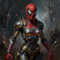 realistic portrait beautiful painting of SpiderWoman mutate into a Steampunk cyborg. Horror, created by Thomas Kinkade.