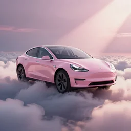 luxury pink tesla on a beautiful cloud, radiant lighting, cinematic, epic, photorealism, sylvain sarrailh