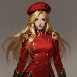 a highly detailed illustration of beautiful long dirty blonde haired pale girl wearing red epaulette uniform, wearing beret, red eyes, dramatic seductive pose, intricate, elegant, highly detailed, centered, digital painting, artstation, concept art, smooth, sharp focus, league of legends concept art, WLOP