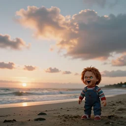 sunset clouds with an ocean in the background and screaming chucky doll on beach. by greg rutkowski cinematic film ektar 1 6 0