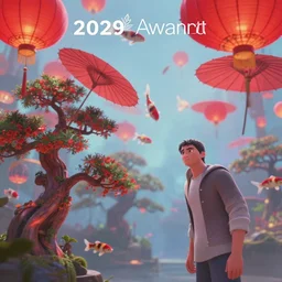 digital painting of floating red lanterns and parasols by greg rutkowski and craig mullins. pixar bonsai trees, koi fish swimming in the air by pixar. clear focus, dreamy bright atmospheric cinematic lighting, trending, award - winning, featured