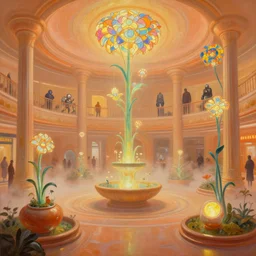 a minimalist oil painting by donato giancola, warm coloured, scifi bioluminescent luxurious foggy steam filled art nouveau garden circular shopping mall interior with microscopy minimalist stained glass flowers growing out of pretty bulbous ceramic fountains, gigantic pillars and flowers, maschinen krieger, beeple, star trek, star wars, ilm, syd mead