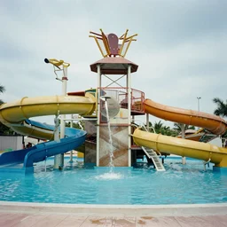 a photo of an abandoned water park from the 1 9 9 0 s, disposable film