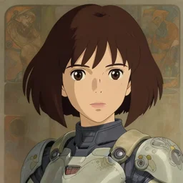 young mysterious girl with hazelnut hair in a bob haircut with side swept bangs, perfectly proportioned face, brown eyes, strong jawline, natural lighting, path traced, highly detailed, high quality, cartoon, digital painting, by new haicheng and studio ghibli and alphonse mucha wearing an cyborg space armor designed by h. r. giger and neill blomkamp