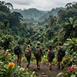 « group persons, dark jungle, far view, unreal engine 5, highly detailed, exploring, pretty flowers, »