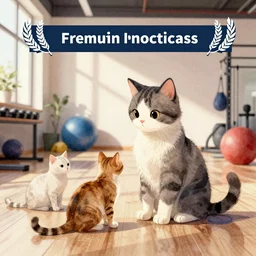 watercolor illustration style, cute cat trainer training other cats in the fitness studio environment
