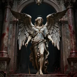 hyper realistic scene of an archangel in front of hell's gate. complex architecture, blood on the walls. dark background