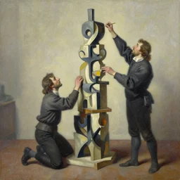 artist building tower together with abstract machine, oil painting, by ilya sipyagin and rembrandt