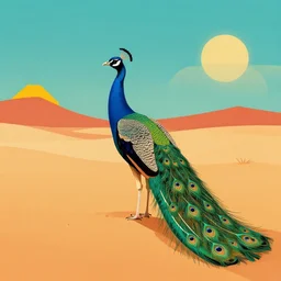 peacock in the desert, 7 0 s art deco, groovy, warm colors, funky, abstract, psychedelic