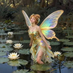 a beautiful dressed faerie in a waterlily pond, detailed, rainbowshift, by maxfield parrish, alphonse mucha, brian froud