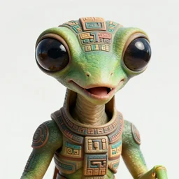 portrait of a mayan alien!! creature, mantis - like face, wide giant eyes, green skin, fish - like mouth, ritualisic creature, detailed face, clear eyes, clear mouth, aztec tatoos, mayan body painting, tenochtitlan, looking towards the camera. high details, demigod.