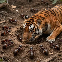 an anthill but all the ants are tigers realistic