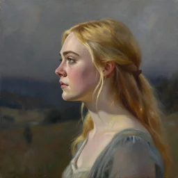 profile of Elle Fanning as Zan, painting by Lori Earley