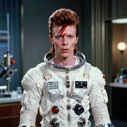 photorealistic medium close shot cinematography of a david bowie in a cheesy 5 0's space suit acting as a man from outter space in a twilight zone episode that takes place in an art deco lab shot on film by the shining cinematographer john alcott on a cooke panchro 6 5 mm macro lens.
