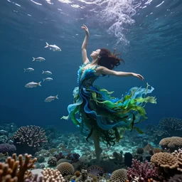woman dancing underwater wearing a flowing dress made of blue and green seaweed, delicate coral sea bottom, swirling silver fish, swirling smoke shapes, octane render, caustics lighting from above, cinematic