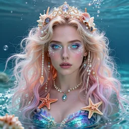 “ elizabeth olsen portrait, fantasy, mermaid, hyperrealistic, highly detailed, cinematic lighting, pearls, glowing hair, shells, gills, crown, water, highlights, starfish, goddess, jewelry, realistic, digital art, pastel, magic, fiction, ocean, game, queen, colorful hair, sparkly eyes, fish, romantic, goddess, waves, bubbles ”