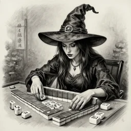 a stunning charcoal drawing of a witch playing mahjong, very detailed, wonderful quality, realistic, trending on artstation