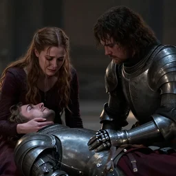 woman crying next to his knight husband's body, cinematic, dramatic scene