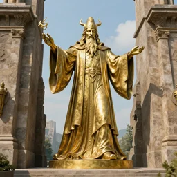 A large brass statue of a wizard guarding the entrance to a port, landscape art, concept art, fantasy, inspiring, colossus of rhodes, legs open