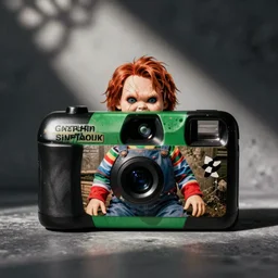 dystopian grunge disposable camera photo of chucky | horror | nightmare