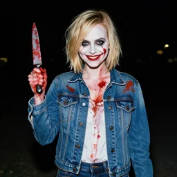 loish, artgerm, Joshua Middleton art, pretty Alison Brie serial killer holding bloody knife in right hand, blood on clothes and face, sarcastic smile, symmetrical eyes, symmetrical face, jean jacket, jeans, short blonde hair, middle shot, night time, deep blacks