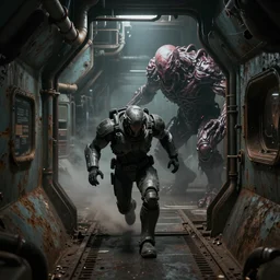 an individual in futuristic armor, running through a deep space mining space station, being chased by a horrific flesh monster down a hallway, rusty metal walls, broken pipes, dark colors, muted colors, tense atmosphere, mist floats in the air, amazing value control, dead space, moody colors, dramatic lighting, ussg ishimura, frank frazetta