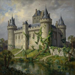 wide - shot of high medieval castle in the middle of plateau!!!, crawling grape vines!!! on the stone wall, pond with water lilies!!!, linden trees, highly detailed, ominous, digital art, masterpiece, matte painting, sharp focus, matte painting, by isaac levitan, monet, asher brown durand,
