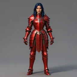 Lady in Red armor, Dark blue hair, gorgeous latina face, light brown skin, green eyes, practical armor, ornamental, symmetry, by donato giancola, by RossDraws, by leng jun, matte painting, D&D, high fantasy, full body picture, no extra limbs, no extra character, trending on artstation artstationHQ, artstationHD, octane, cgsociety, no boobplate