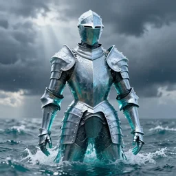 suit of armor, made of water, made of liquid, rising up from ocean, water armor, high detail, high contrast, medium close up portrait, studio lighting, stormy seas, beautiful, bokeh, snowy, storm clouds, god rays, d & d, fantasy, elegant, aquamarine color palette, concept art, greg rutkowski and alphonse mucha