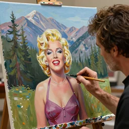 a closeup photorealistic photograph of bob ross working on a canvas painting of marilyn manson. happy trees. mountain scape. film still. brightly lit scene. this 4 k hd image is trending on artstation, featured on behance, well - rendered, extra crisp, features intricate detail, epic composition and the style of unreal engine.