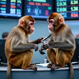 two monkeys in suits trading stocks in new york city.