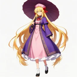 yukari yakumo is a tall youkai woman has gold eyes and very long blonde hair with many red ribbons. she wears a purple tabard with trigrams over a pale pink western dress with black sleeve cuffs. yukari wears a pink mob cap with a red ribbon, white socks, black slippers, and usually carries a parasol. touhou beautiful and detailed character portrait trending on artstation hq