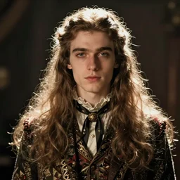 Photograph of a young anorexic 1930s outcast man with very long hair and extravagant clothes