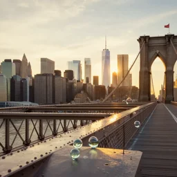 a concrete construction of the skyline of new york viewed from the brooklyn bridge at october sunset with glass marbles scattering the warm golden hour sun as painted by james jean and edward hopper